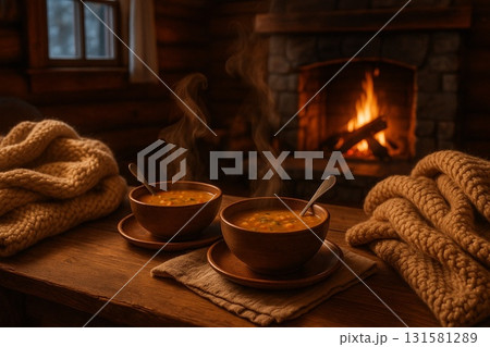 暖炉のある木の小屋での温かいスープ時間 131581289