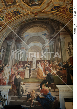 School of Athens renaissance fresco grand archway classical architecture scholars perspective symmetry Vatican Museums Rome Italy cultural heritage no people. High quality photo 131581459