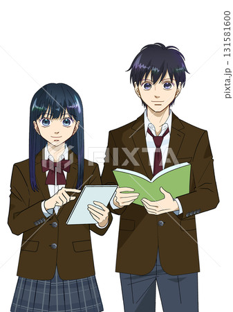 タブレットと本を持つ高校生または中学生の男女のアニメ風イラスト、白バック タブレットと本を持つ高校生または中学生の男女のアニメ風イラスト、白バック 131581600