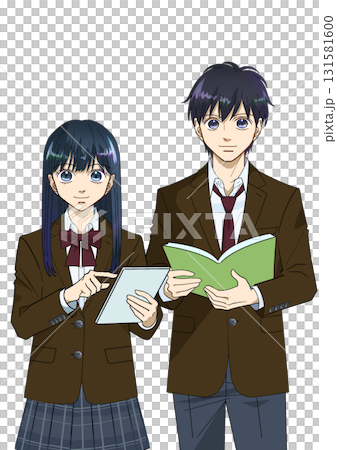 Anime-style illustration of male and female high school or junior high school students holding tablets and books, white background 131581600