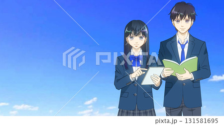 広がる青空、高校生または中学生の男女のアニメ風イラスト、左に余白 131581695