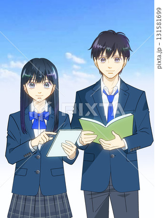 広がる青空、高校生または中学生の男女のアニメ風イラスト 広がる青空、高校生または中学生の男女のアニメ風イラスト 131581699
