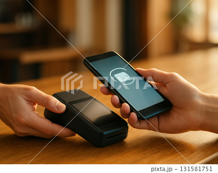 スマホ決済の瞬間 − 柔らかな光のカフェカウンターで 131581751