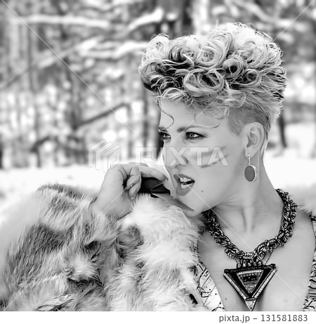 Woman in Fur Coat, Warrior Face Woman in Fur Coat, Warrior Face 131581883