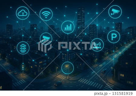タイトル: スマートシティとIoTネットワークの都市イメージ タイトル: スマートシティとIoTネットワークの都市イメージ 131581919