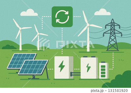 再生可能エネルギーと電力供給システムの概念図 再生可能エネルギーと電力供給システムの概念図 131581920