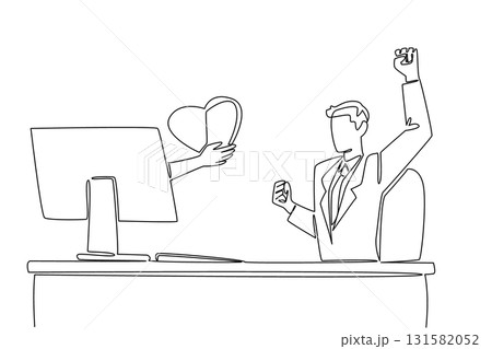 Single one line drawing hands out of the monitor screen while holding a love. The joy of online dating. Get the expected heart. Romance. Things from Screen. Continuous line design graphic illustration 131582052