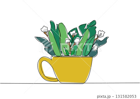Continuous one line drawing cup filled with leaves and flowers. Bouquet of plants in a unique place. Eye catching decoration. Floral. Soaking Inside Cup. Single line draw design vector illustration Continuous one line drawing cup filled with leaves and flowers. Bouquet of plants in a unique place. Eye catching decoration. Floral. Soaking Inside Cup. Single line draw design vector illustration 131582053