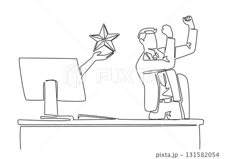 Single continuous line drawing hands out of monitor screen while holding a star shape. Get the best rating for performance. Award. Recognition. Things from Screen. One line design vector illustration Single continuous line drawing hands out of monitor screen while holding a star shape. Get the best rating for performance. Award. Recognition. Things from Screen. One line design vector illustration 131582054