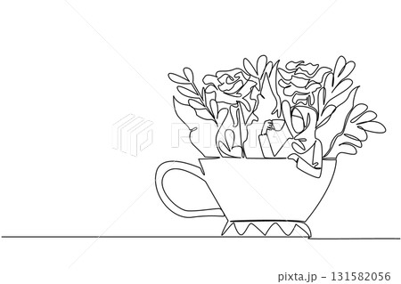 Continuous one line drawing woman wearing hijab holding a cup while soaking and leaning on the cup. Drinking warm tea to relax. Enjoy. Soaking Inside Cup. Single line draw design vector illustration Continuous one line drawing woman wearing hijab holding a cup while soaking and leaning on the cup. Drinking warm tea to relax. Enjoy. Soaking Inside Cup. Single line draw design vector illustration 131582056