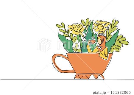 Continuous one line drawing woman wearing hijab holding a cup while soaking and leaning on the cup. Drinking warm tea to relax. Enjoy. Soaking Inside Cup. Single line draw design vector illustration Continuous one line drawing woman wearing hijab holding a cup while soaking and leaning on the cup. Drinking warm tea to relax. Enjoy. Soaking Inside Cup. Single line draw design vector illustration 131582060