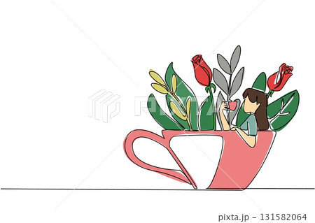 Single continuous line drawing woman wearing casual clothes holding a cup while soaking and leaning on the cup. Relaxation. Calming down. Enjoy. Soaking Inside Cup. One line design vector illustration Single continuous line drawing woman wearing casual clothes holding a cup while soaking and leaning on the cup. Relaxation. Calming down. Enjoy. Soaking Inside Cup. One line design vector illustration 131582064