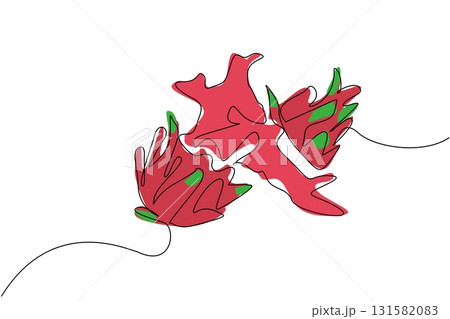 Continuous one line drawing dragon fruit cut into 2 parts and the bottom part that is cut releases splash juice. Enjoying sweet dragon fruit. Juice Splash. Single line draw design vector illustration 131582083