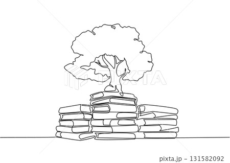 Continuous one line drawing several piles of books and in one of the piles of books there is a big tree. Symbolism of comfortable reading garden. Book Tree. Single line draw design vector illustration 131582092