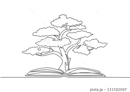 Single continuous line drawing an open book with a large tree in the middle. Caring for plants requires knowledge. Reading makes the calm. The science. Book Tree. One line design vector illustration 131582097