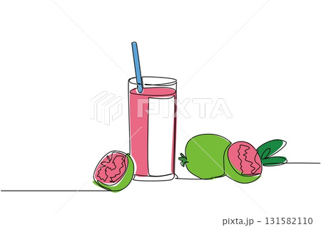 Single continuous line drawing a glass of guava juice with a straw in the glass and pieces of guava. Control blood sugar levels. Fresh. National Juice Slush Day. One line design vector illustration 131582110