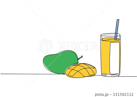 Single continuous line drawing glass of mango juice with a straw in the glass. Delicious and vitamin rich mango smoothie. Fresh. Sweet. National Juice Slush Day. One line design vector illustration Single continuous line drawing glass of mango juice with a straw in the glass. Delicious and vitamin rich mango smoothie. Fresh. Sweet. National Juice Slush Day. One line design vector illustration 131582112