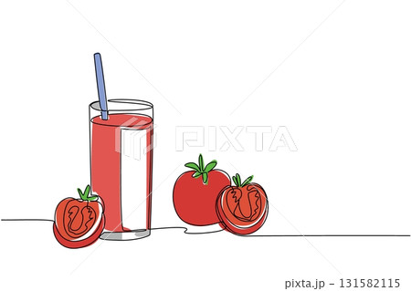 Continuous one line drawing glass of tomato juice with a straw in the glass. Freshness quenches thirst. Delicious. Vitamin rich. National Juice Slush Day. Single line draw design vector illustration 131582115