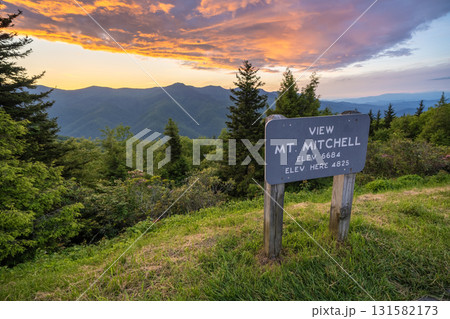 Car road trip on Blue Ridge Parkway in North Carolina Appalachian mountains. Mt Mitchell Overlook in summer season at sunset. Summertime landscape of beautiful nature 131582173