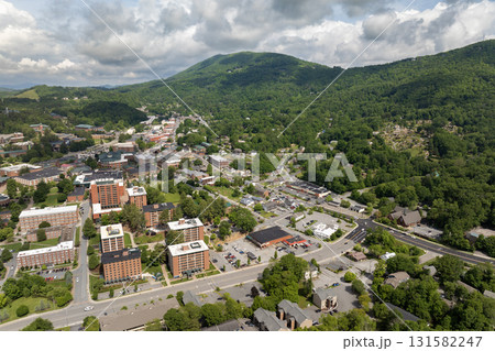 Boone, North Carolina. Historical American town in Appalachian Blue Ridge Mountains. Old townscape architecture in Watauga County, USA. Streets and historic buildings from above Boone, North Carolina. Historical American town in Appalachian Blue Ridge Mountains. Old townscape architecture in Watauga County, USA. Streets and historic buildings from above 131582247