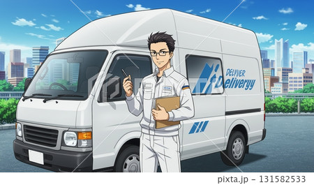 笑顔と信頼。荷物をしっかりと抱えるプロの男性配達員イラスト 131582533