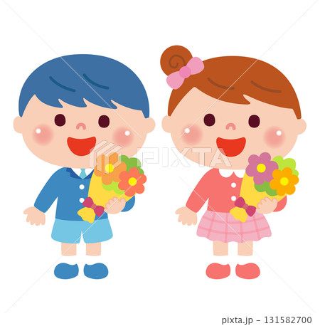 お別れ会で花束を持つ子どもたち 131582700