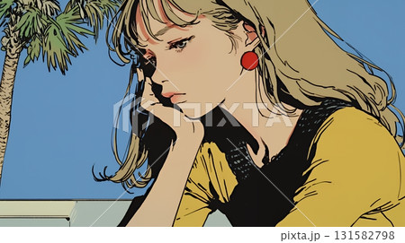 考え事をしている若い女性