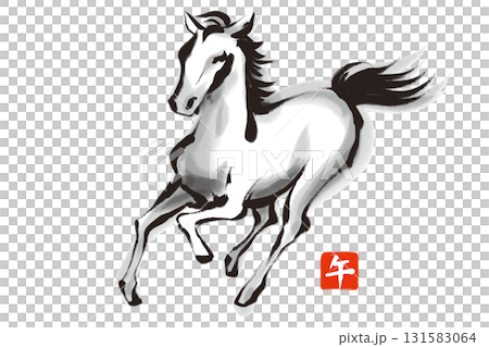用畫筆和馬的印章繪製的奔馬的黑白插圖 131583064