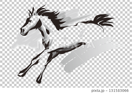 Black and white illustration of a running horse drawn with a brush Black and white illustration of a running horse drawn with a brush 131583066