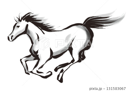筆で描いた走る馬の白黒イラスト 131583067