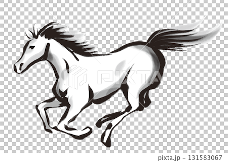筆で描いた走る馬の白黒イラスト 131583067