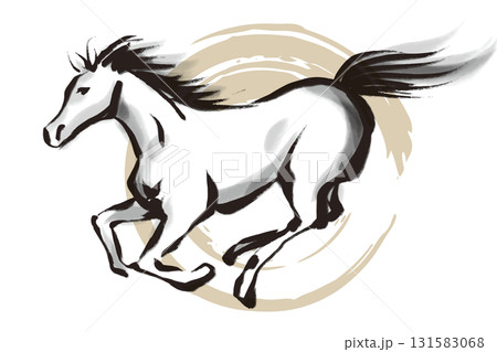 筆で描いた走る馬の白黒イラストと金の丸 131583068