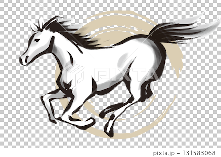 筆で描いた走る馬の白黒イラストと金の丸 131583068