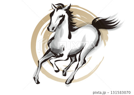 筆で描いた走る馬の白黒イラストと金の丸 131583070