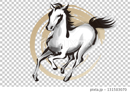 筆で描いた走る馬の白黒イラストと金の丸 131583070