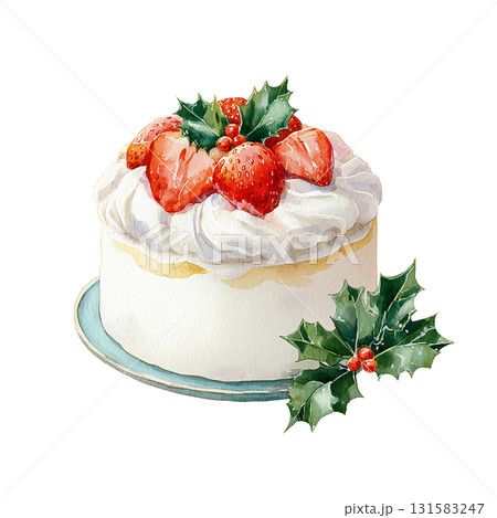 いちごとヒイラギを飾ったクリスマスケーキの水彩イラスト（切り抜き） 131583247