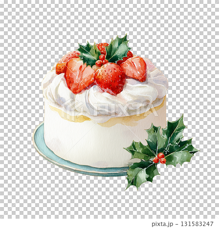 いちごとヒイラギを飾ったクリスマスケーキの水彩イラスト（切り抜き） 131583247