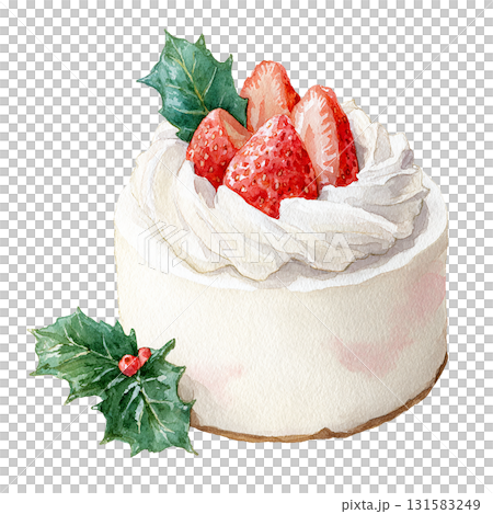 用草莓和冬青裝飾的聖誕蛋糕的水彩插圖（剪紙） 131583249