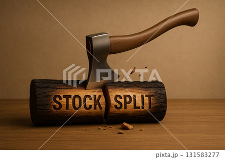 金属の斧で焼けた木を割る株式分割コンセプト｜企業再編と投資戦略の象徴 131583277