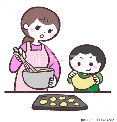 お菓子作りする男の子とお母さんのイラスト お菓子作りする男の子とお母さんのイラスト 131583282
