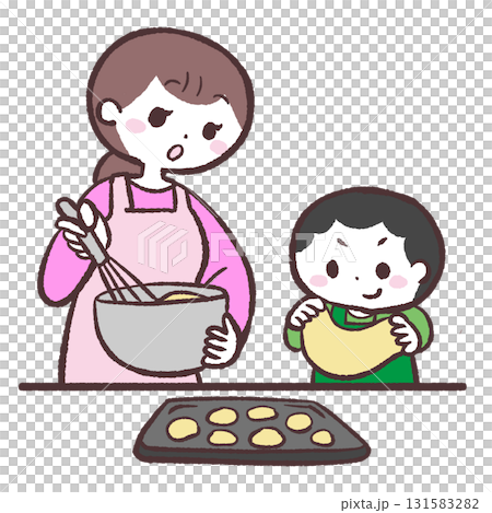 お菓子作りする男の子とお母さんのイラスト お菓子作りする男の子とお母さんのイラスト 131583282
