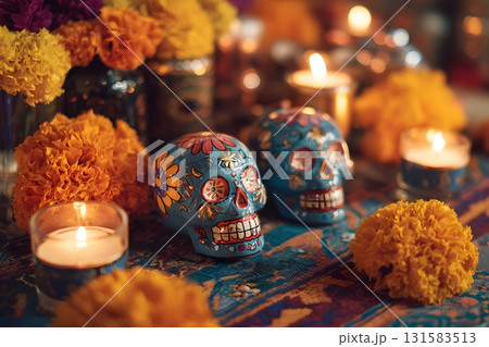 Colorful Calaveras Surrounded by Flowers and Candlelight - Festive Tribute 131583513