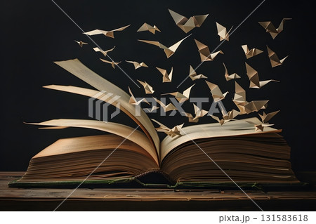 Imaginative Paper Birds Flying Out of Book Pages 131583618