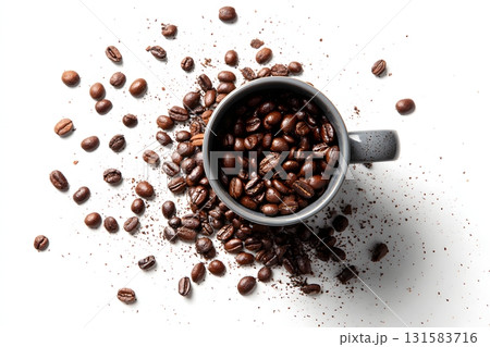 Coffee Beans Scattered Around Mug on White Background for Product Display 131583716