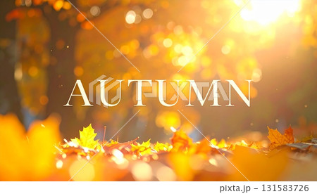 エレガントなセリフ書体の「Autumn」 カラフルな落ち葉背景 131583726