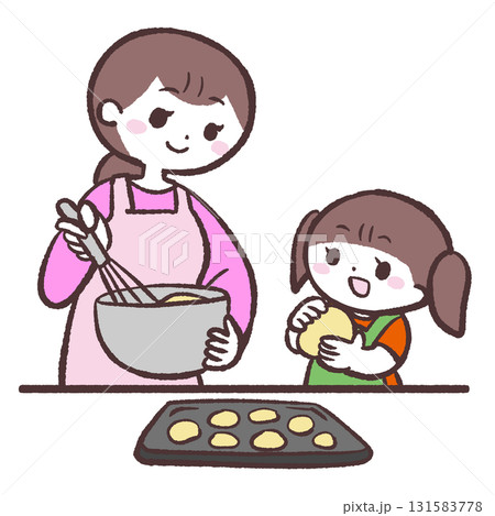 お菓子作りする女の子とお母さんのイラスト お菓子作りする女の子とお母さんのイラスト 131583778