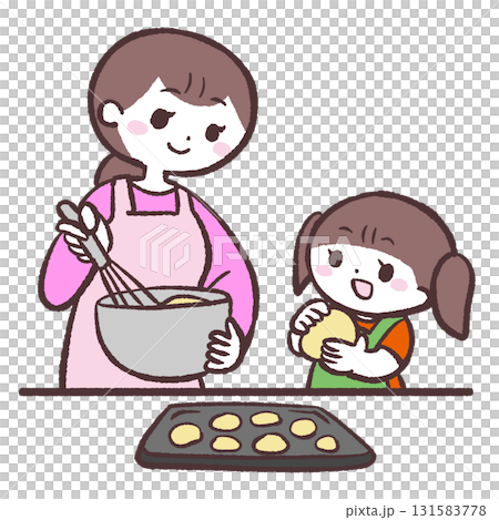 一個女孩和她媽媽製作糖果的插圖 131583778