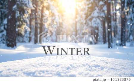 優雅なセリフ書体の「Winter」 雪降る森のシネマティック背景 優雅なセリフ書体の「Winter」 雪降る森のシネマティック背景 131583879