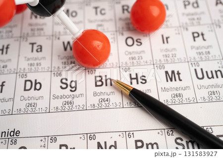 Molecules chemical on a periodic table background. 131583927