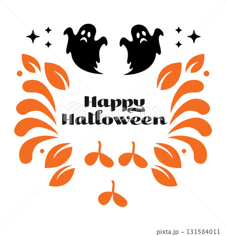 Happy Halloween Greetings Card Illustration with Black Ghost Silhouette and Orange Leaves Ornament.Vector Illustration 131584011